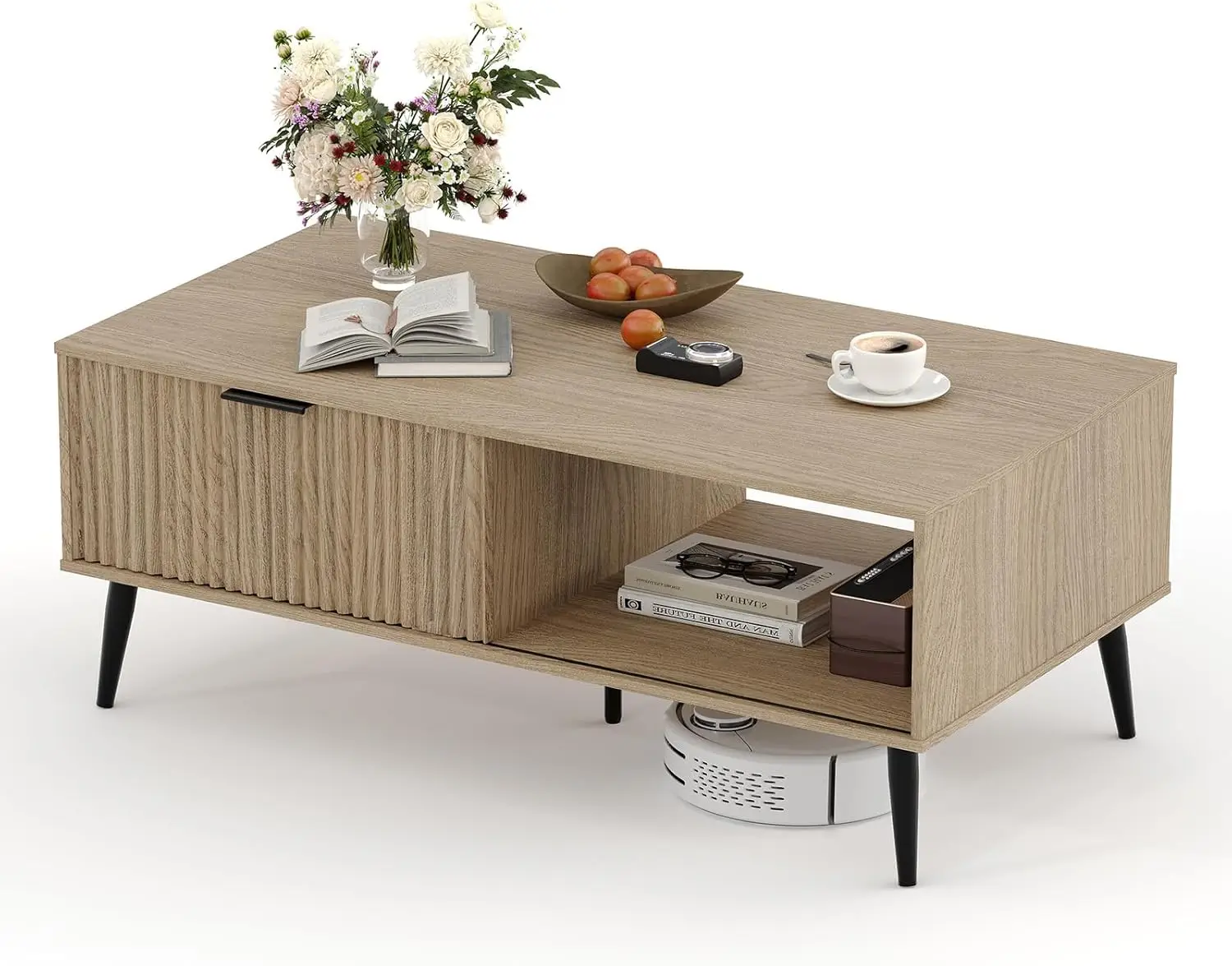 طاولة قهوة خشبية مكونة من طبقتين مقاس 41.34 بوصة - طاولة مركزية مستطيلة مع باب منزلق وتخزين لغرفة المعيشة