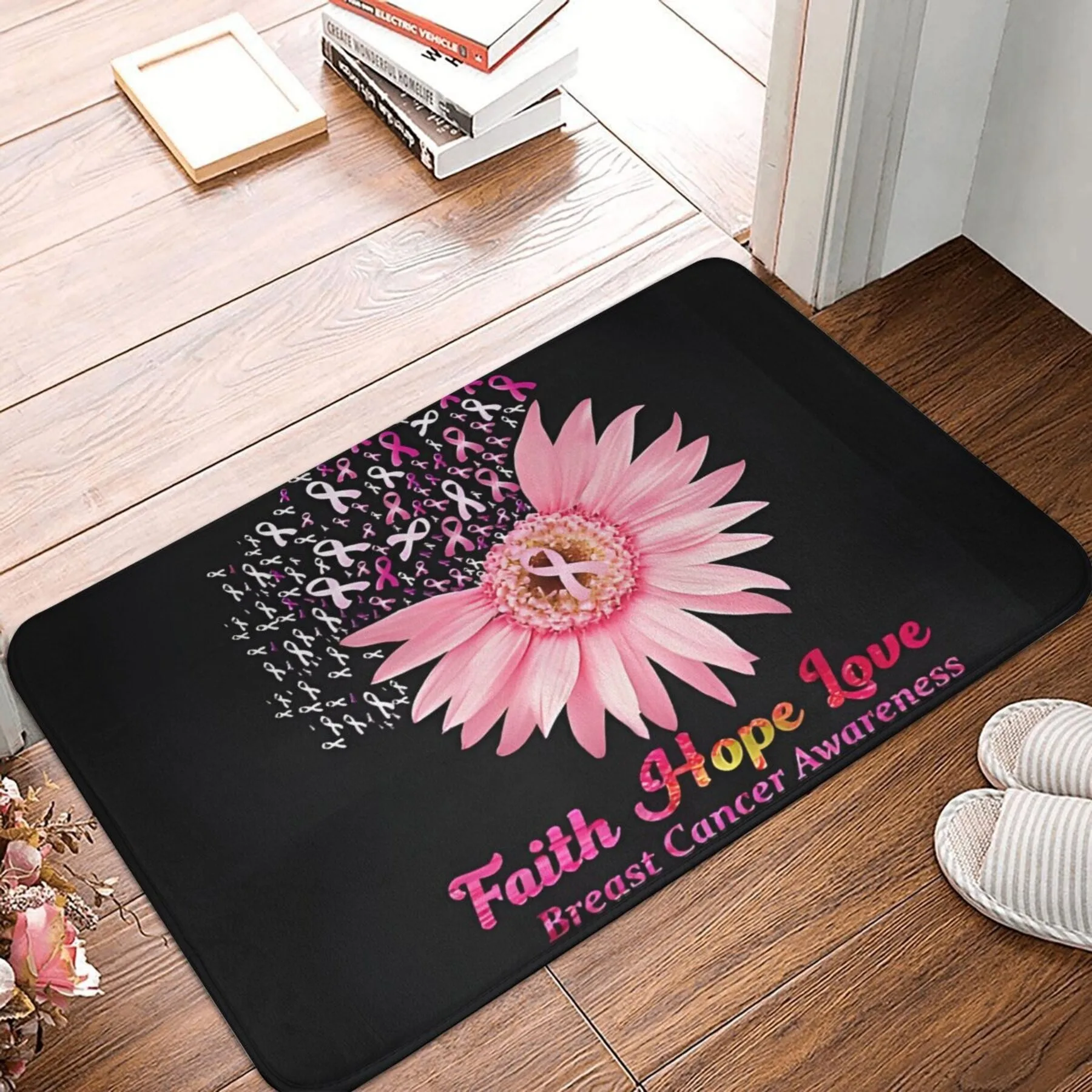 Breast Cancer Awareness Faith Hope Love Sunflower Rug Soft Anti-Slip Floor Mat Bathroom Kitchen Door
