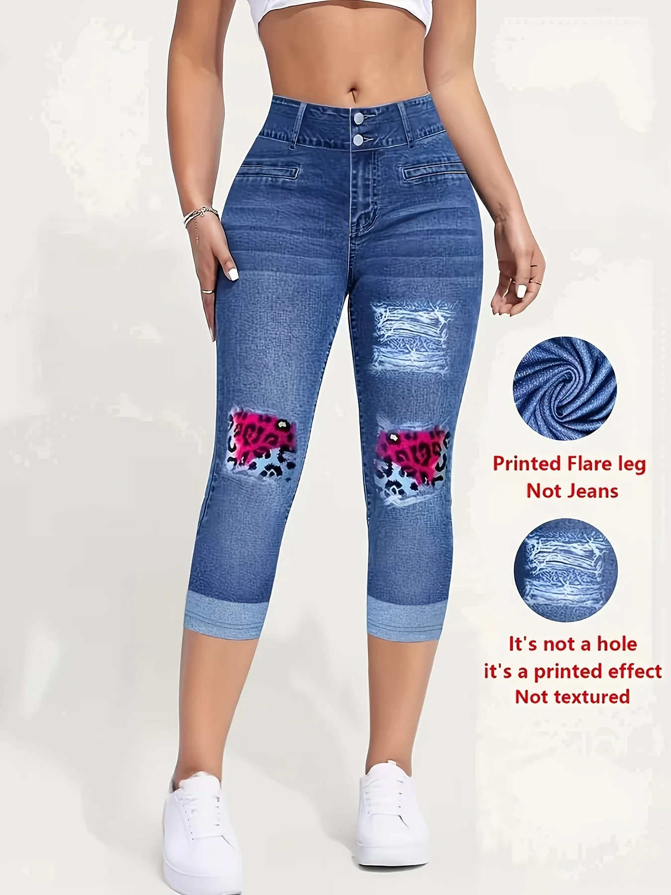 Popular Summer 7 Points Cropped Pants Ladies Imitation Denim Print Skinny Leggings Stretch Soft Tight Pants