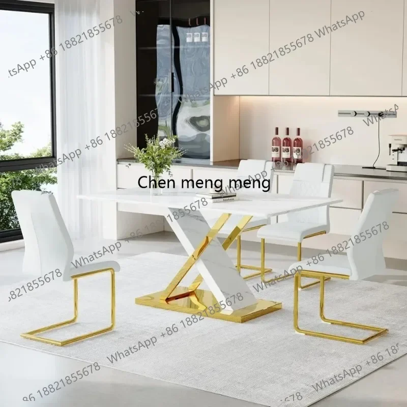 RR Modern Marble Dining Table Set for 4,White Gold 63'' Dining Room Table with Chrome Plated X-Shaped Frame and White Customized