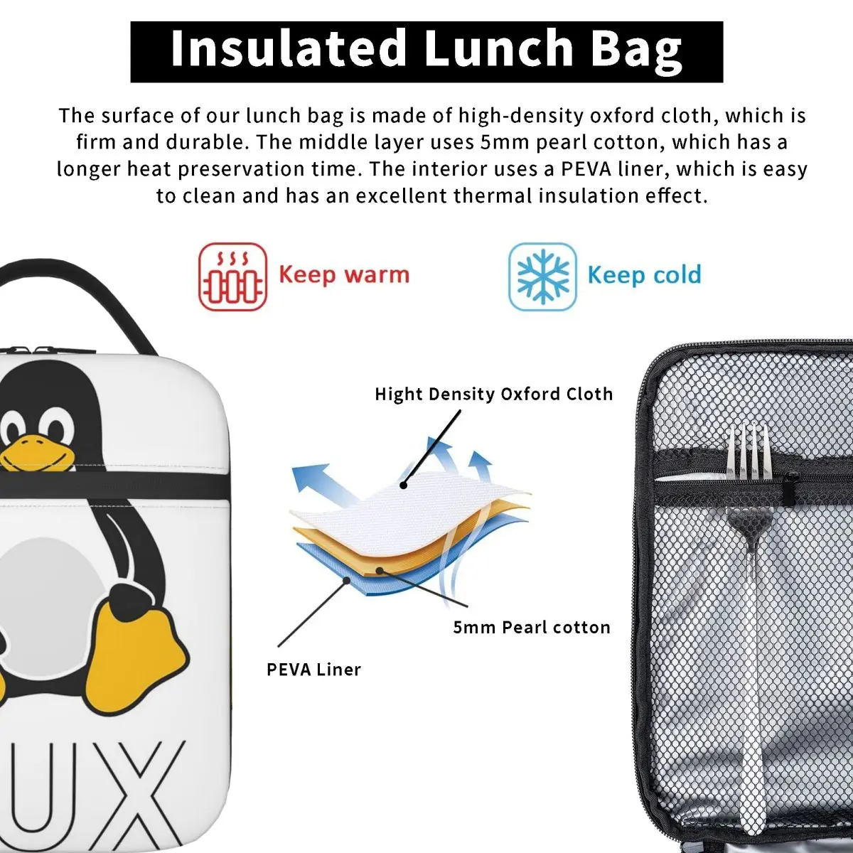 Tux Linux Insulated Lunch Bag for Women Children Leakproof Food Boxes Thermal Lunch Box Tote - view 2