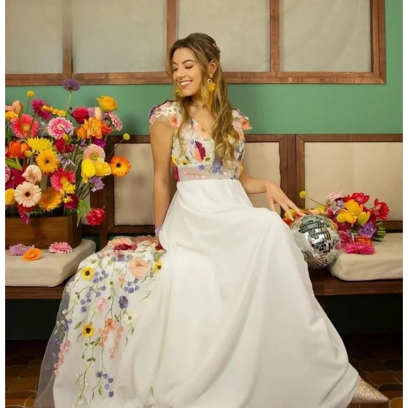 

Colorful 3D Flowers Floral Wedding Dress V Neck A Line Blooming Embroidered Bridal Gowns A Line Floral Princess Prom Dresses