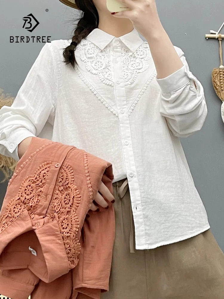 

Новая женская хлопковая блузка с длинным рукавом на весну 2026 года, с отложным воротником и кружевом, в стиле Mori Girl, французская повседневная тонкая свободная блузка T63525CC