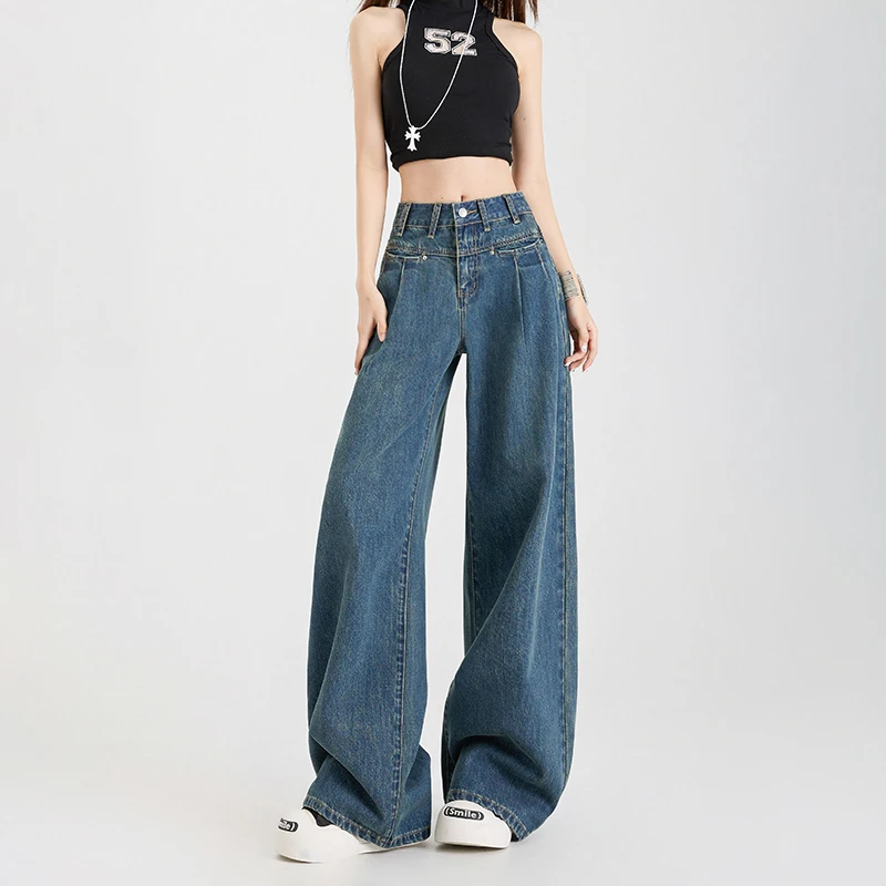 KSTUN 2025 Woman Jeans High Waist Wide Leg Denim Pants Straight Pants Fashion Comfort Front Pleated Vintage Pockets Designer