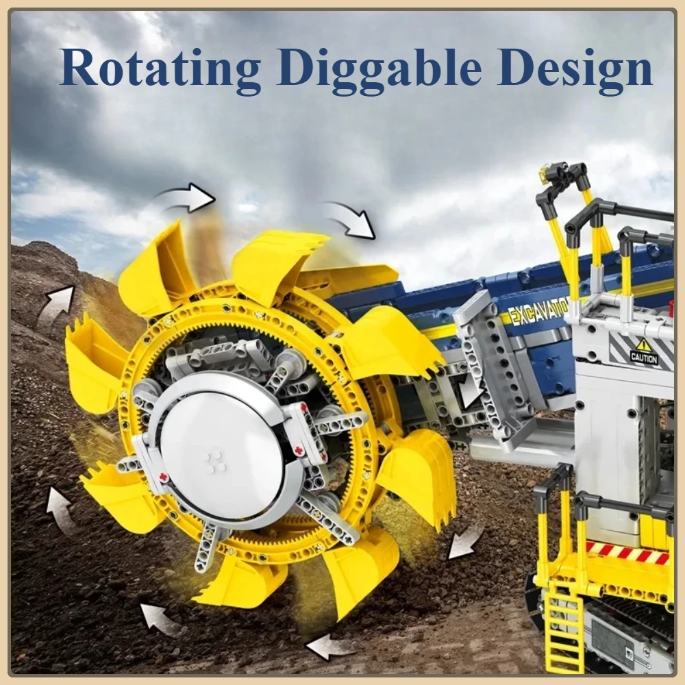 Excavadora con rueda de cubo, bloques de construcción, unidad de potencia, ingeniería, ciudad, excavadora, modelo de ladrillos, montaje de regalos de cumpleaños, juguetes para chico