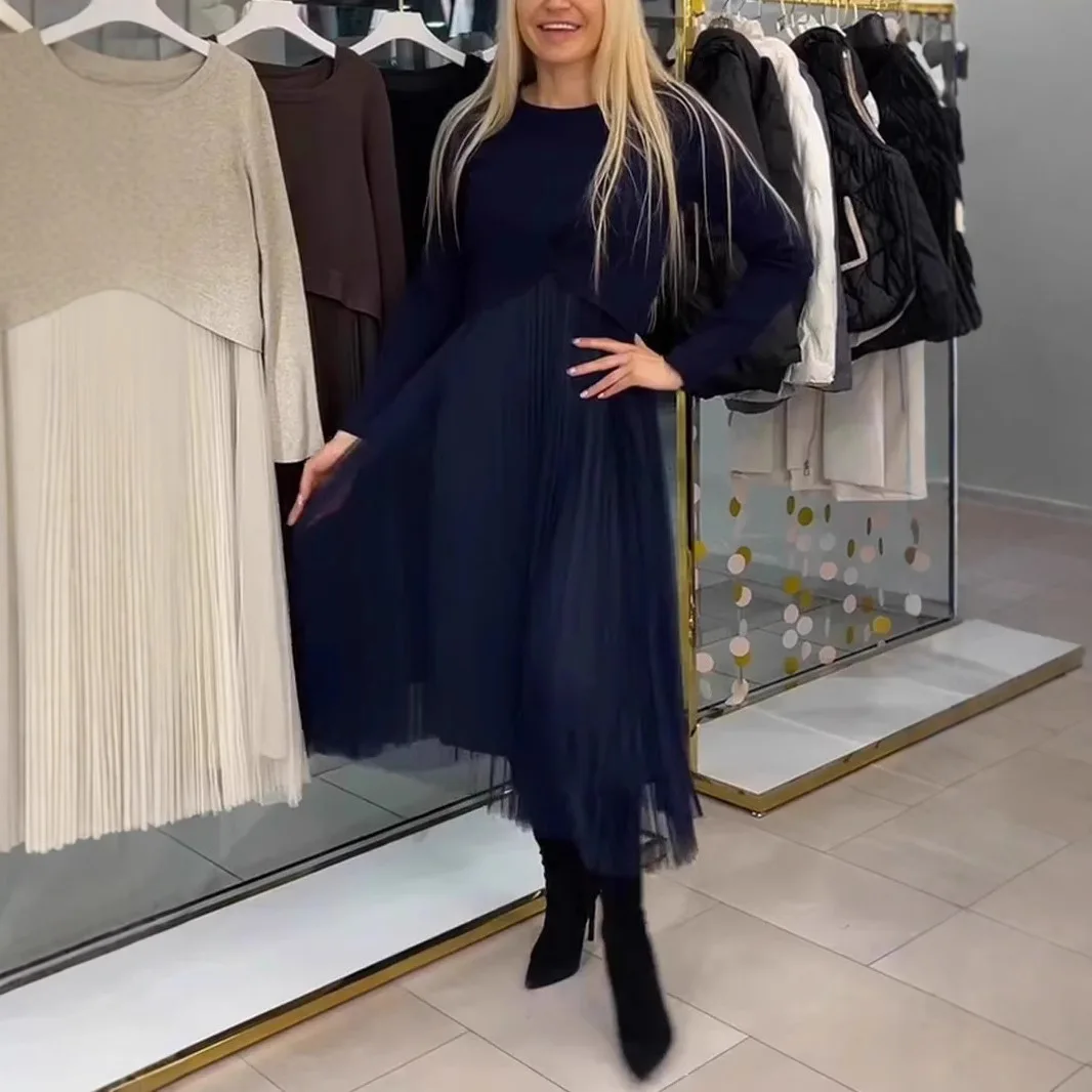 ใหม่จีบลูกไม้ชุดผู้หญิงแฟชั่น O คอพับผู้หญิง Dresswith Slim PARTY A-Line ชุดยาวฤดูใบไม้ผลิฤดูใบไม้ร่วง