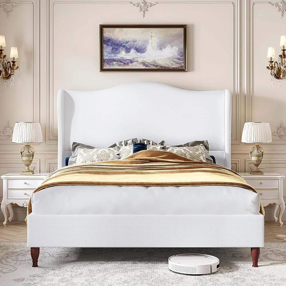 

Upholstered Bed Frame with Tall Headboard Classic Curved Wingback Platform Bed with Soft Fabric, Retro Simple Sleigh Bedframe
