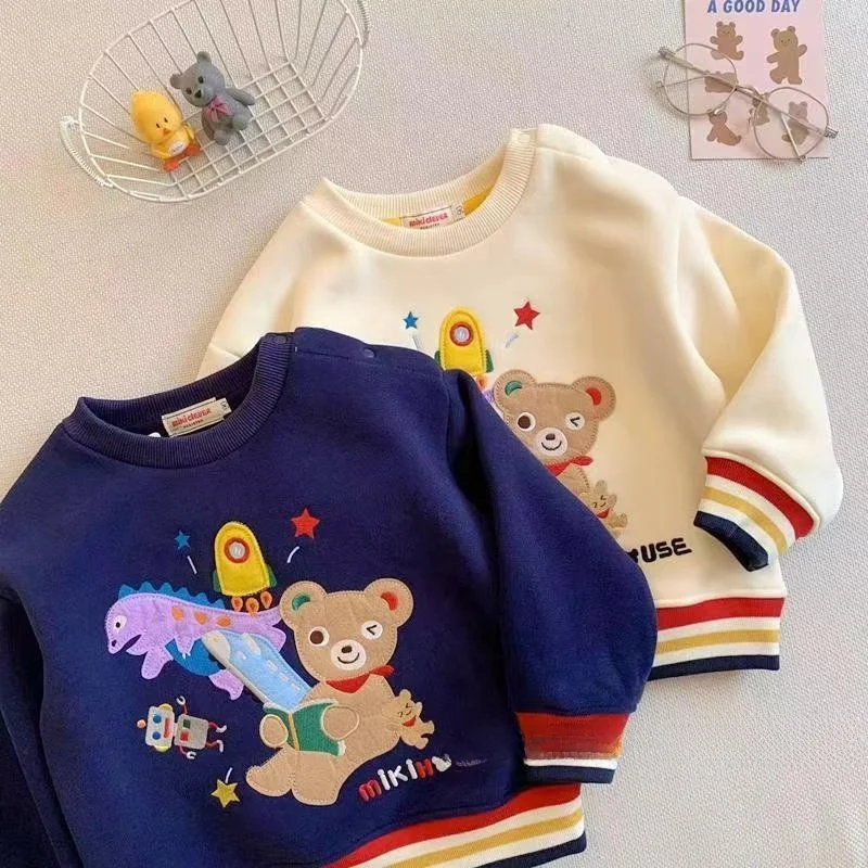 Autumn Winter Fleece Lined Dinosaur Bear Cartoon Print Boys Hoodie  Velvet Baby Clothes Miki Japanese Style Children...
