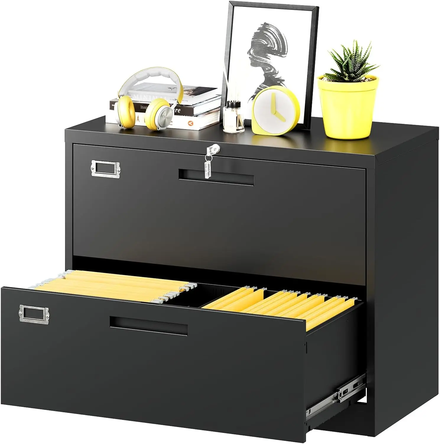 

Horizontal filing cabinet with lock, large metal filing cabinet with 2 drawers, lockable storage cabinet for home office