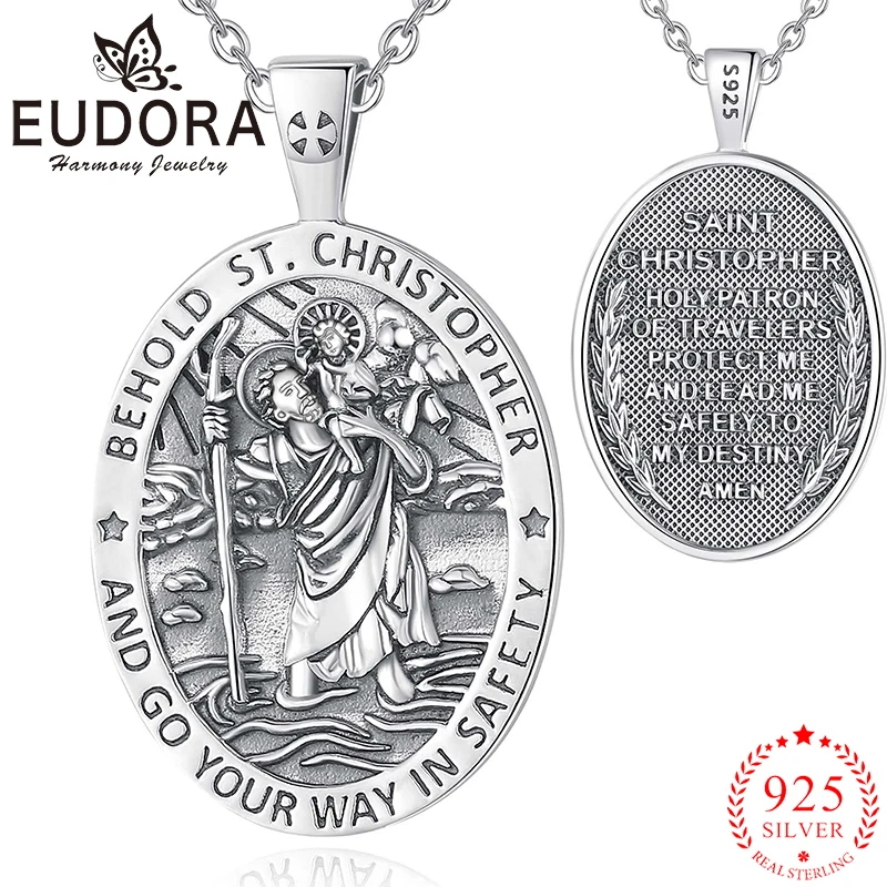 

Eudora 925 Sterling Silver St Christopher Necklace Religious Amulet Pendant Men Women Vintage Embossed Jewelry Personality Gifts