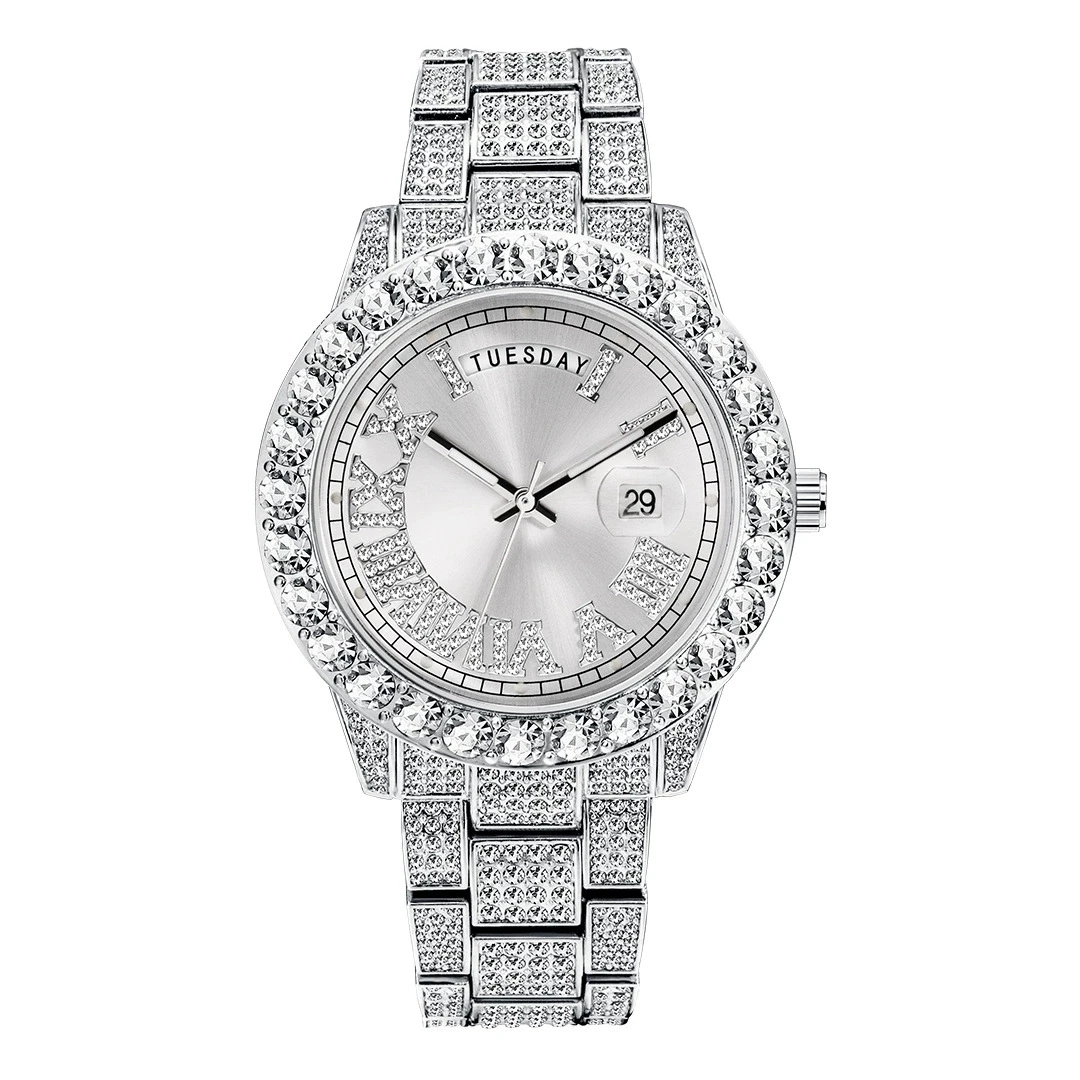 Винтажные наручные часы с цирконом для женщин и мужчин, кварцевые часы, потрясающие ювелирные часы, часы с датой недели, 9-цветные