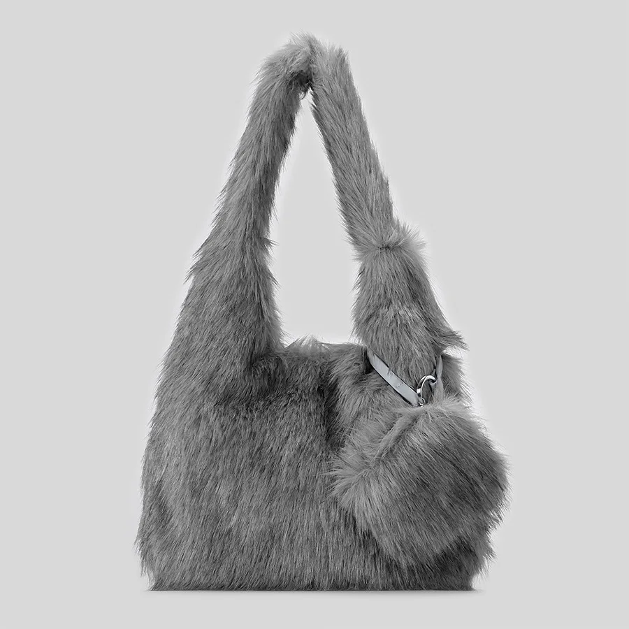 

Women Handbags Casual Pleated Dumpling Bag Women's Plush Bag Fluffy Large Capacity Shoulder Tote with Small Wallet