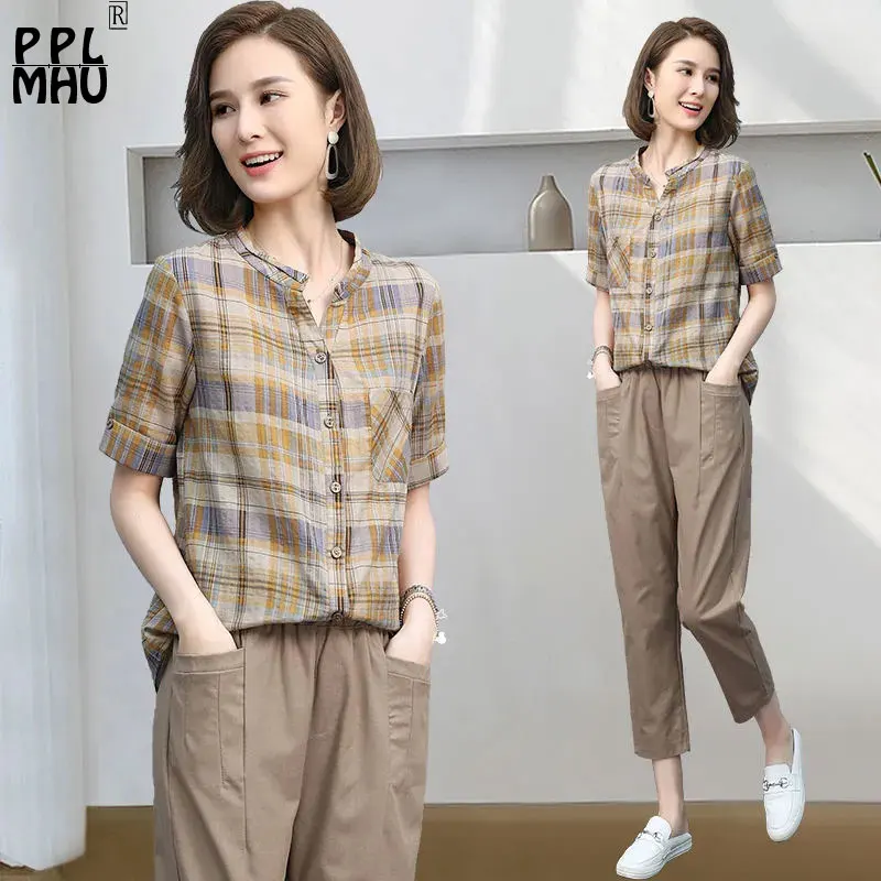 

Summer Plaid Shirt Two Piece Sets Women Casual Ankle Length Harem Pants Set Short Sleeve Tops Mom Retro Thin Cotton Linen Suit