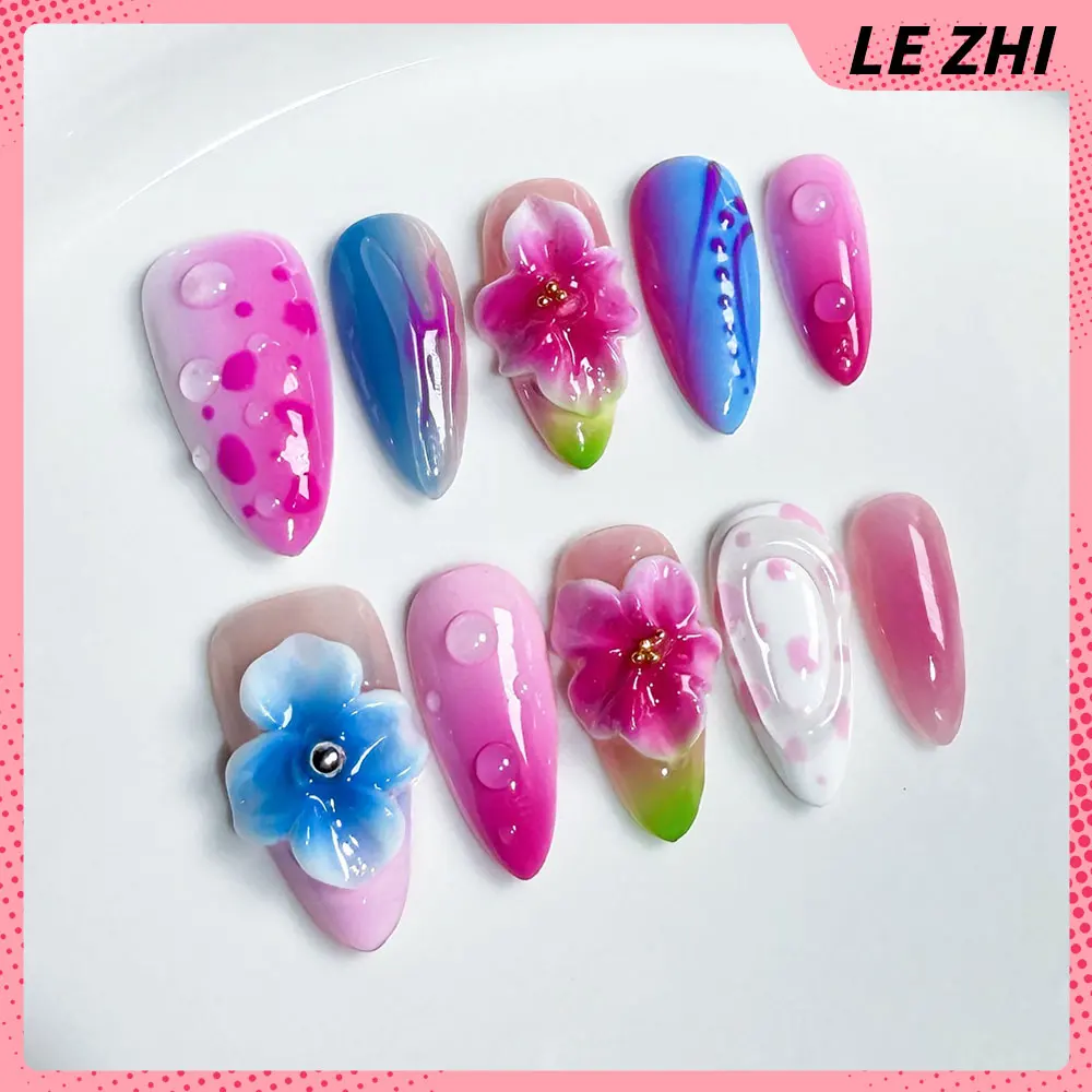 10Pcs Hand-Painted Blush Almond Press On Nails 3D Colorful Gradient Handmade Stereo Flower Style Design False Nails Party Gift