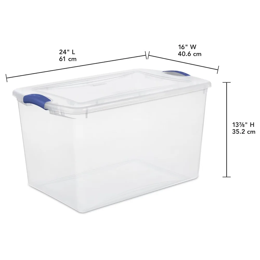 Caixa de Armazenamento Plástica Grande e Transparente com Tampa com Fecho, 66 Quartos, Azul, Empilhável para Organização Doméstica