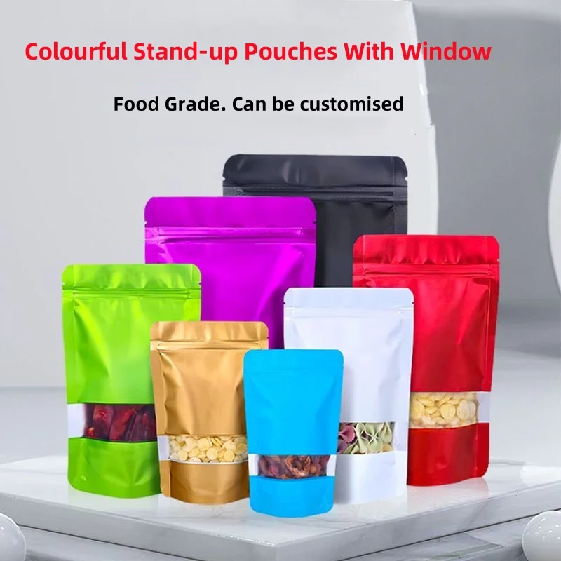 50PCS Colourful Window Stand-up Pouches Sealed Zipper Packaging Bags Nuts Tea Coffee Packaging Bags Wedding Party Gift Bags