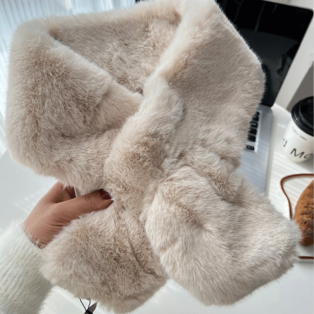 

Fake Rabbit Fur Collar Scarf Women Keep Warm Thickening Fur Solid Color Cross Winter Scarf Autumn Winter Fake Fur Plush Elega