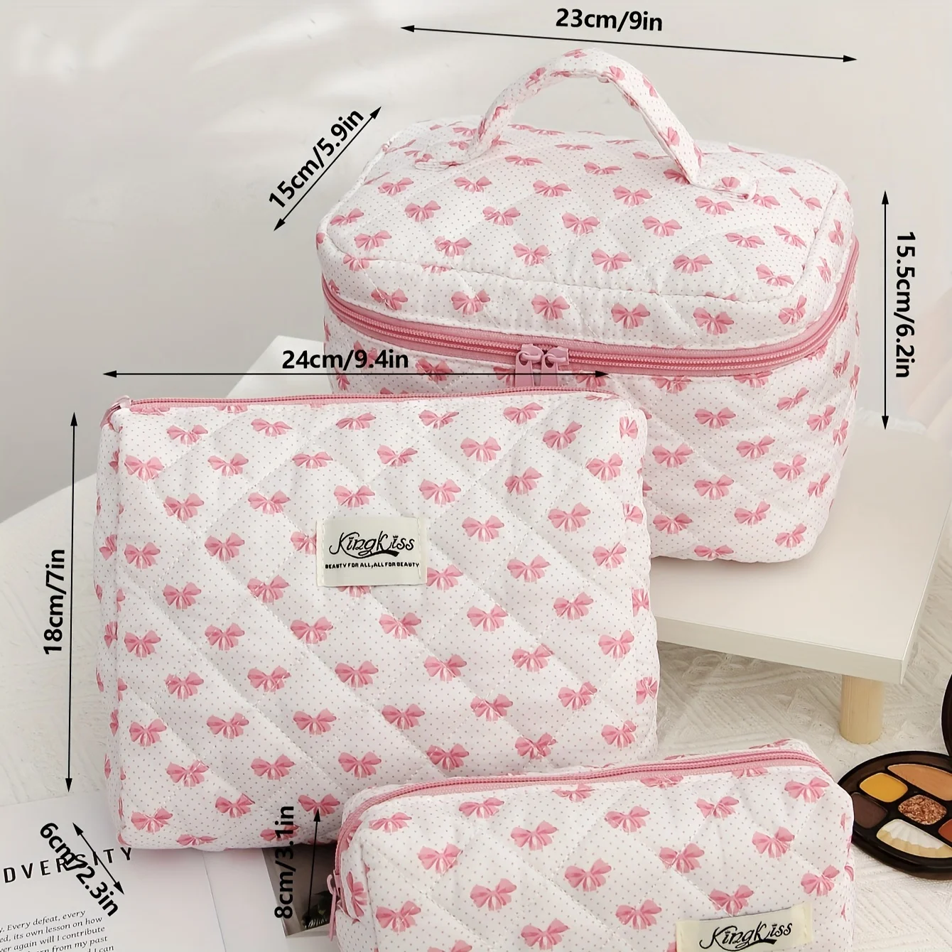 Borsa per il trucco trapuntata da viaggio grande 3 pezzi per le donne, borsa per cosmetici in cotone floreale, borsa per l\'organizzatore di articoli