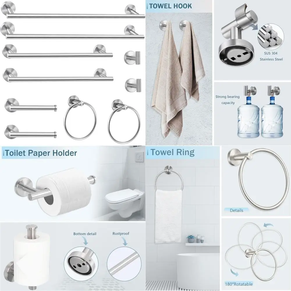 

24 Modern Brushed Nickel Bathroom Accessory Set: Towel Bar, Ring, Toilet Paper Holder, Robe Hook