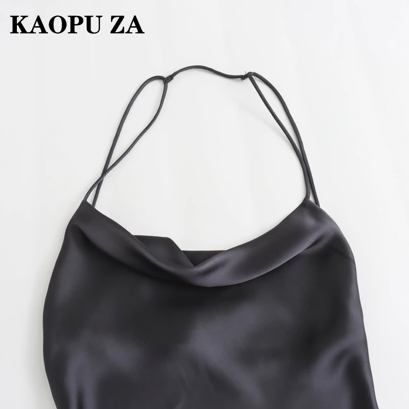 KAOPU ZA 2024 New Summer Women's Elegant Halter Neck Little Black Dress with Satin Texture Casual Evening Fashion Dress