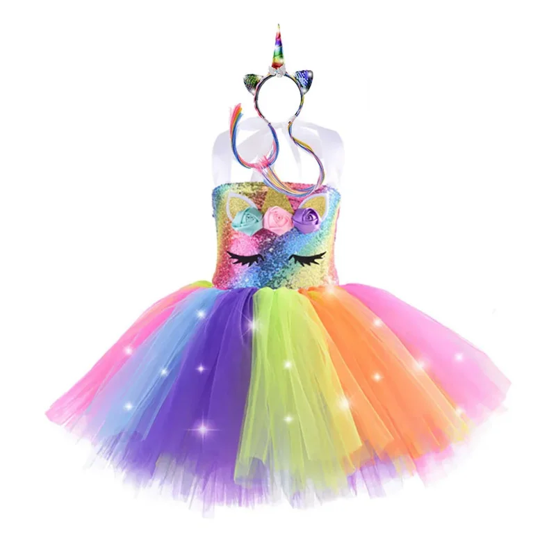 Girls Unicorn Dresses Christmas Kids LED Lights Sequin Pastel Rainbow Birthday Party Tutu Dresses Shiny Princess Cosplay Costume