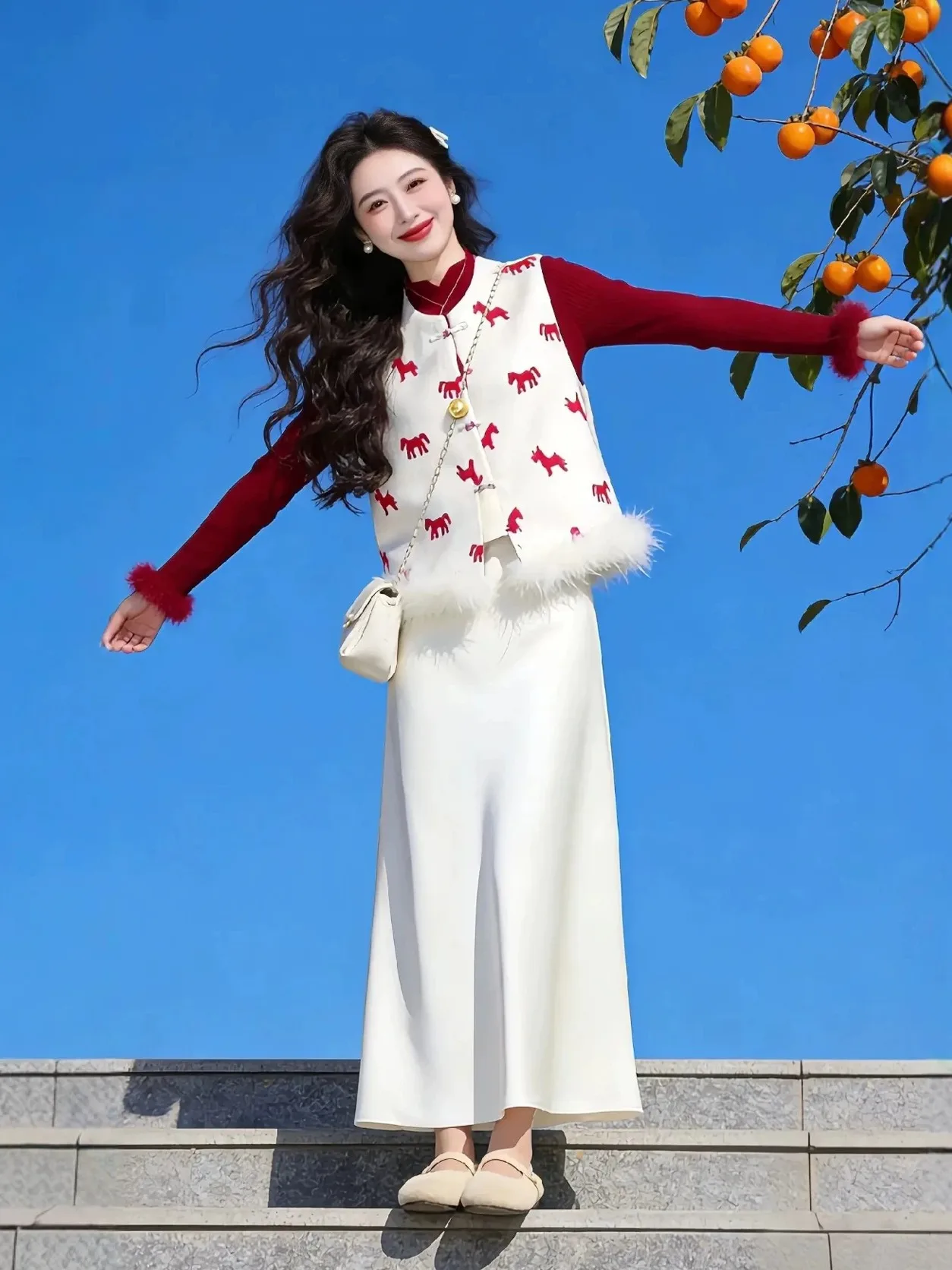 

Winter Warm Thiened Tee-Piece Set with Vest Base irt f Skirt New Chinese Sle Gentle Misses plus Size Faionable W...