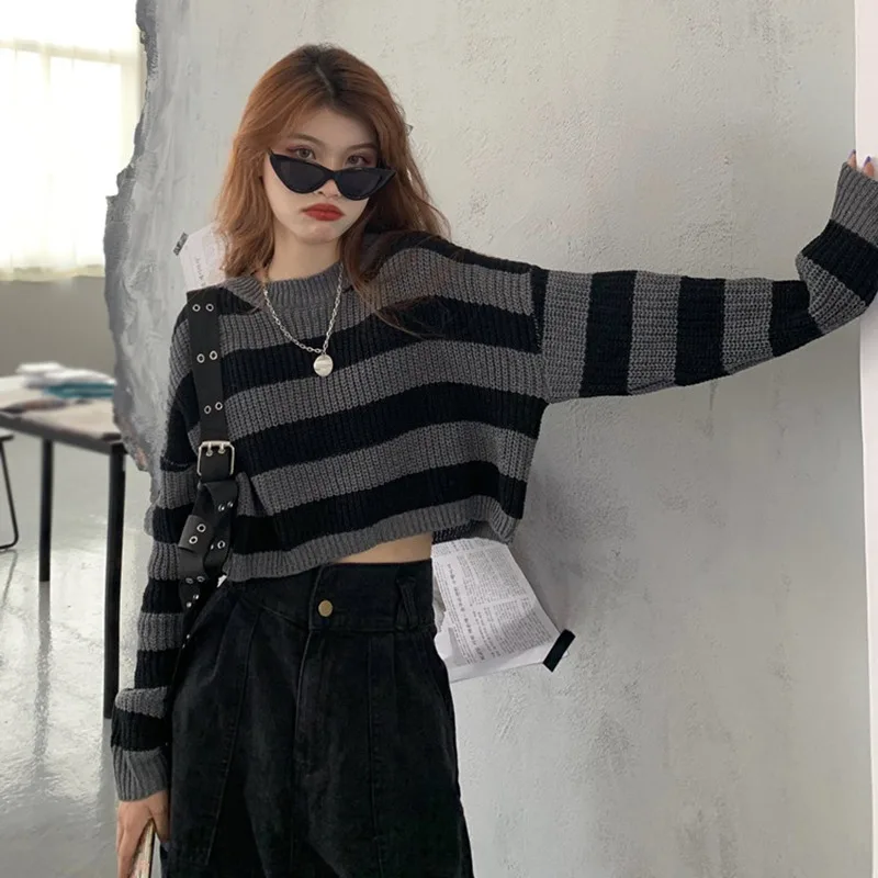 Women Y2K Cropped Sweater Sexy Tops Black White Striped Pullover Knitted Sweater Women Korean Jumper  Wholesale