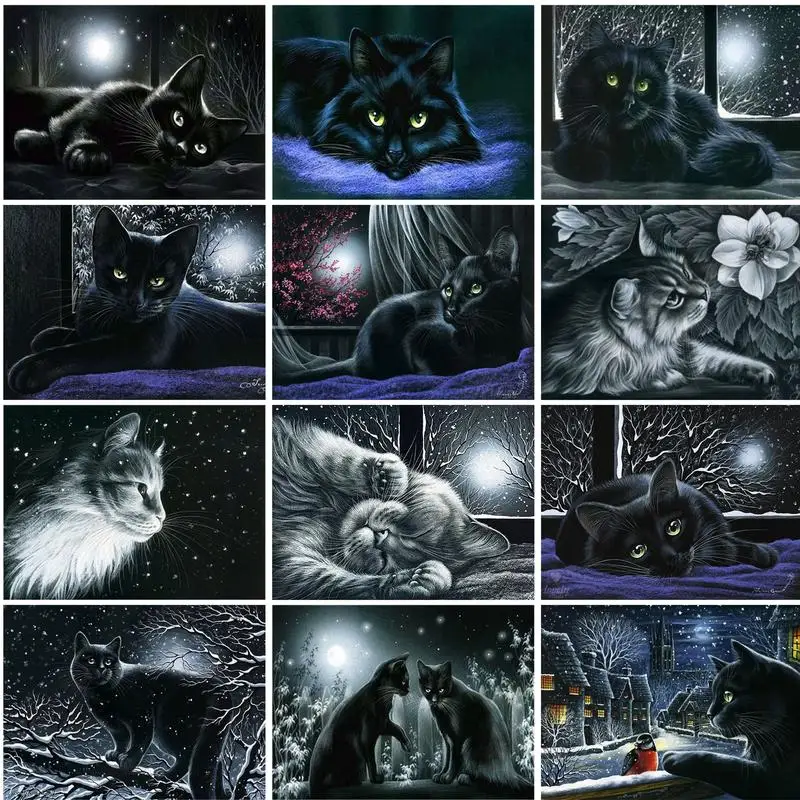 PhotoCustom Paint By Number black cat Drawing On Canvas HandPainted Oil Painting Art Gift Pictures By Number Animals Kits Home D