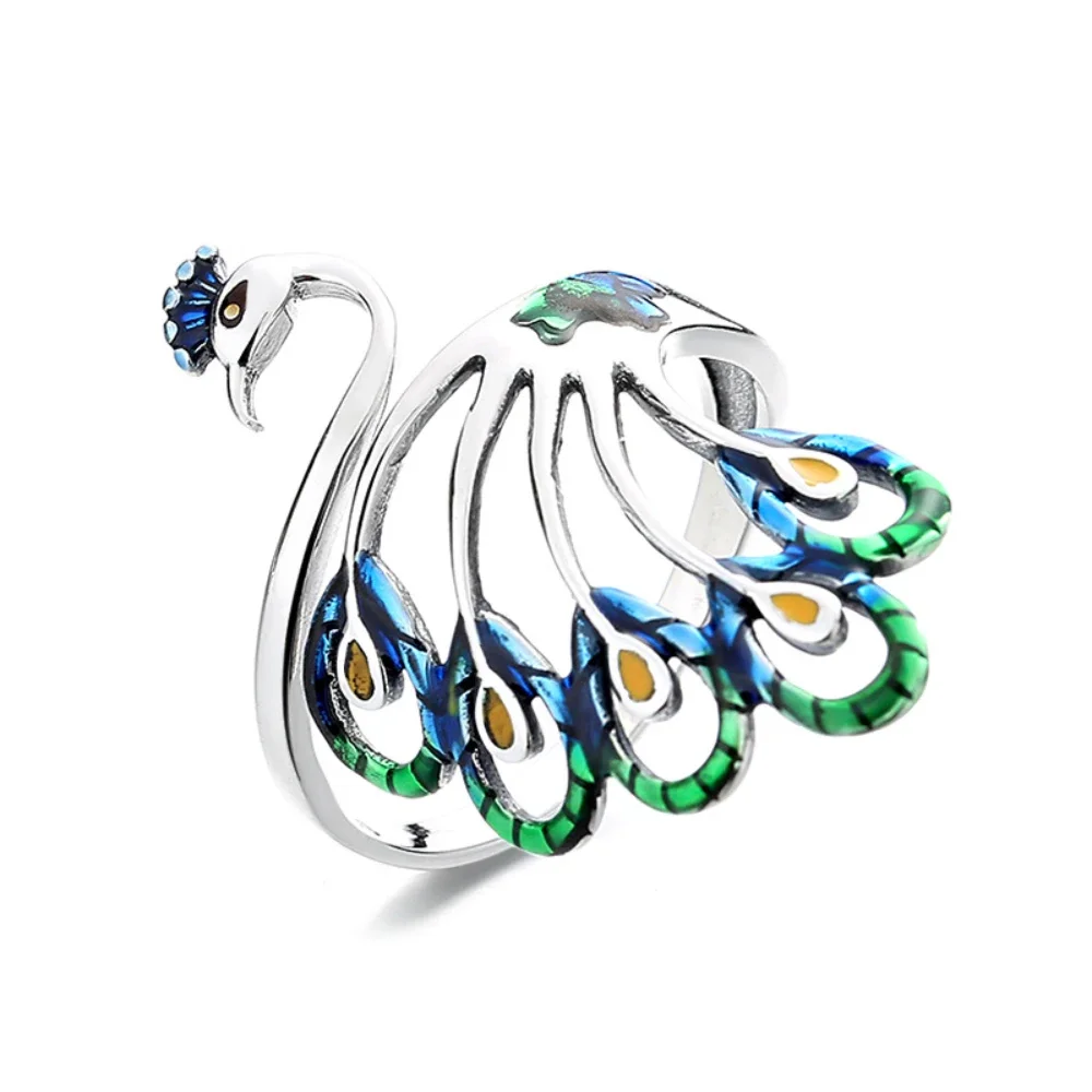 Colorful Enameling Peacock Ring Women\'s Real 925 Sterling Silver Jewelry Animal Bird Adjustable Opening Type Exaggerated