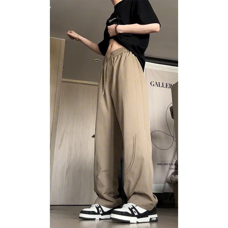 

Мужские летние тонкие дышащие брюки из ледяного шелка цвета хаки с лазерной обработкой, американского кроя, прямые, быстросохнущие, для кондиционированных помещений