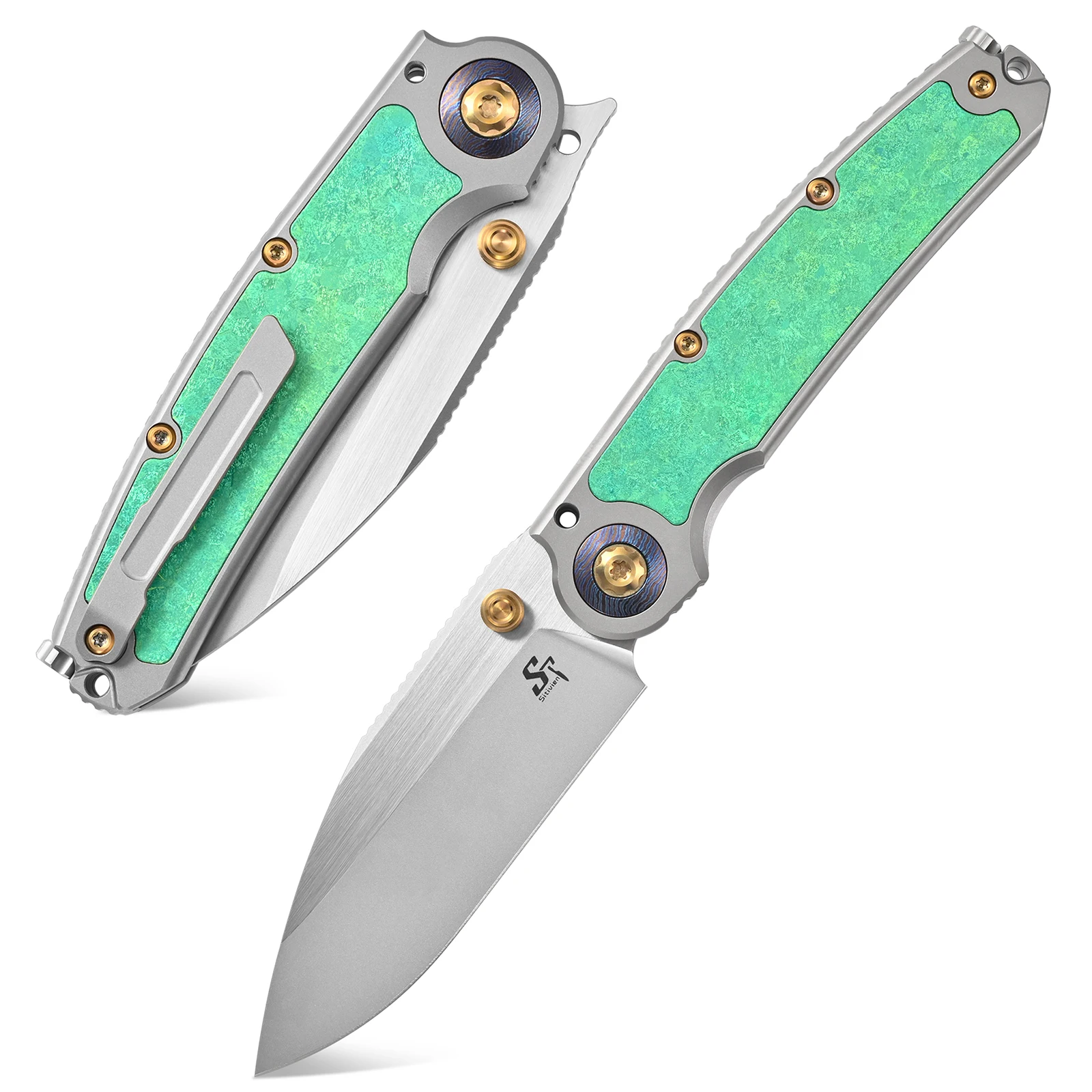 Sitivien ST280 Folding Knife M390 Steel Blade Titanium Handle Knife Ice Crystal Titanium Inlaid for Outdoor Camping Hiking