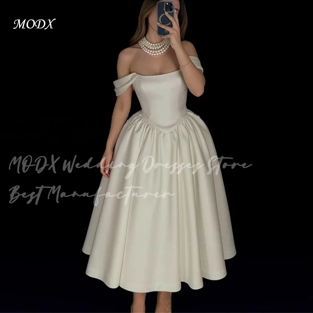 MODX Vintage-Hochzeitskleid in Elfenbein, schulterfrei, quadratischer Ausschnitt, Satin, knielang, Korsett-Oberteil, A-Linien-Silhouette, Brautpartykleid
