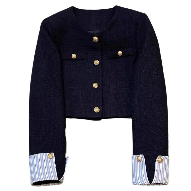 Navy Nlue Jacket Women's Spring Autumn New Round Neck Fashion Splicing Design Top Single Breasted Stripe Long Sleeves Short Coat