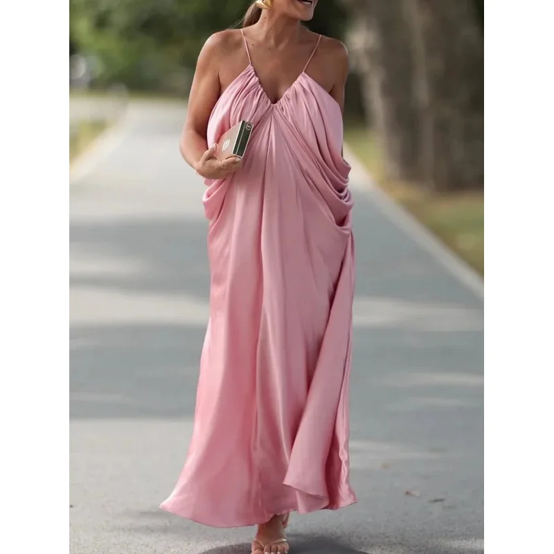 Robe longue en Satin rose élégante, dos nu, décolleté en V profond, bretelles Spaghetti, robe de soirée d'été Chic, drapée, adaptée aux Occasions formelles