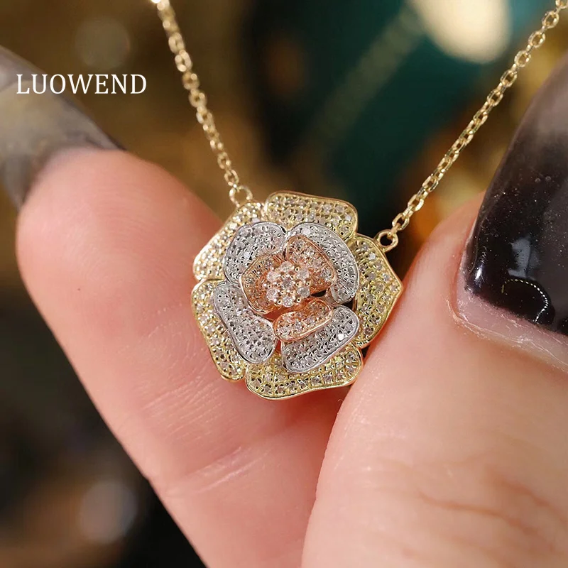 

LUOWEND 100% 18K White+Yellow+Rose Gold Necklace Romantic Style Real Natural Diamond Pendant Necklace Women High Wedding Jewelry