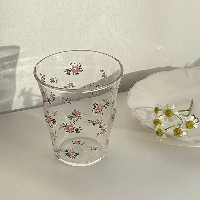 Rose Printed Glass Cup Breakfast Milk Coffee Cups Household Couple Water Mug Teacup Heat Resistance Thicken Drinkware