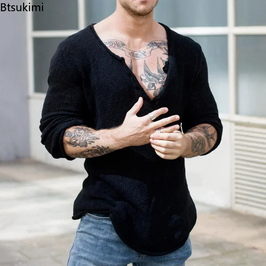 2025 Spring Autumn Mens Casual V-Neck Solid Sweater Fashion Knitted Pullover Tops For Men Harajuku Long Sleeve Jumper Streetwear