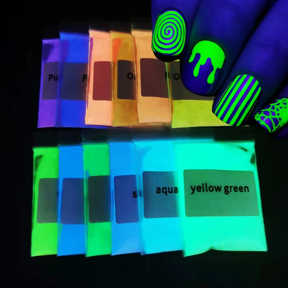 10 g/zak Ultrafijne Lichtgevende Acryl Nagelpoeder Halloween Decoratie Pigment Nagelstof Manicure Glitter Glow In Dark Nagelpoeders