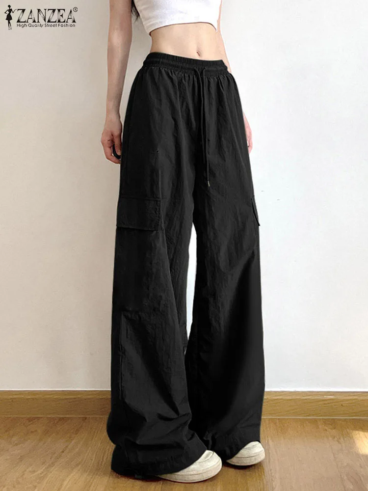

ZANZEA Streetwear 2024 Sweatpants Women Cargo Long Pants Fashion Drawstring Elastic Waist Pantalon Casual Loose Wide Leg Trouser
