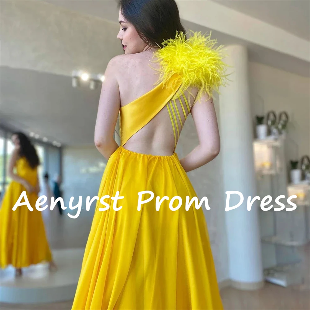 Aenyrst-Vestidos de noite com penas, Chiffon A Line, Side High Slit, Prom Gowns, Tornozelo Comprimento, Vestido Ocasião Formal, Amarelo Um Ombro