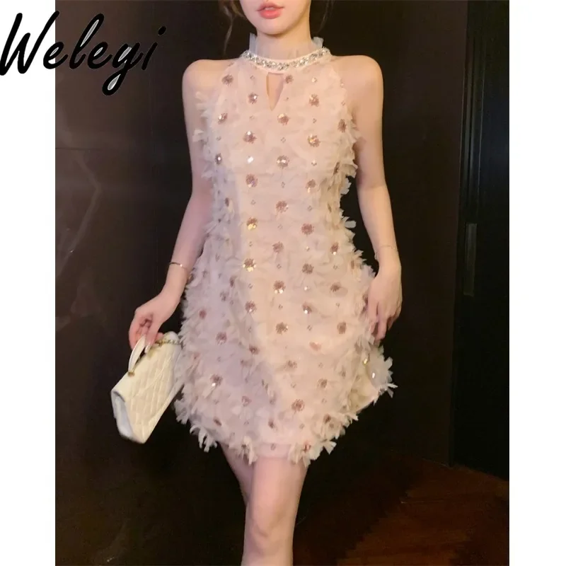 Sweet Halter Collar Mesh Sequins Flower Pink Miin Dress 2024 Summer New Elegant Birthday Party Short Dress for Women