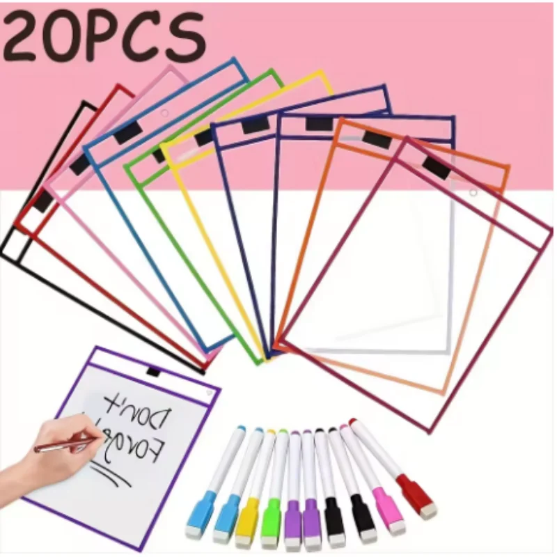 20 Pcs Reusable Dry Erase Pockets Set with 10 Markers Extra Large Clear Erasable Sheet Protectors Teacher Classroom School Suppl