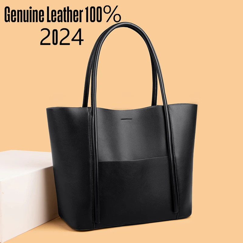 Genuine Leather Tote Bag Women\'s Cowhide Large Capacity Carrying Bags Designer Handbag Vintage Shoulder Bag Brand Commuting Bags