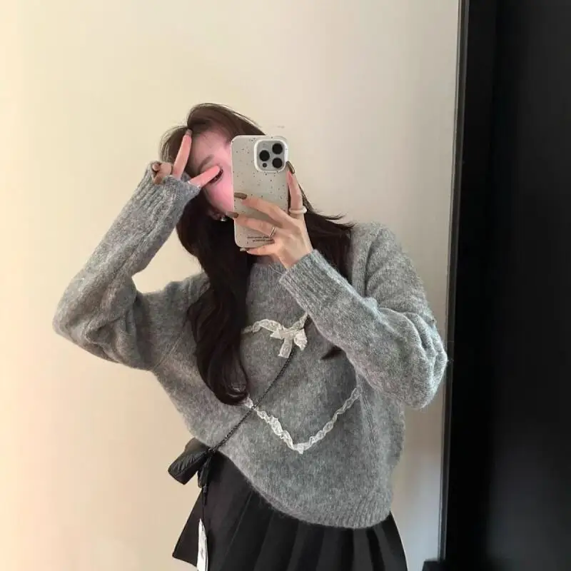 

Lace Hearts Sweater Thicken Long Sleeves Sweater Female Temperament Korean Autumn and Winter Gentle Style Long Sleeves Tops New