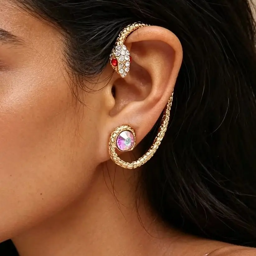 Snake-shaped Earring Clips Gold-Toned Serpent-Wrapped Earrings with Bold Textured Design—Casual Jewelry for Women