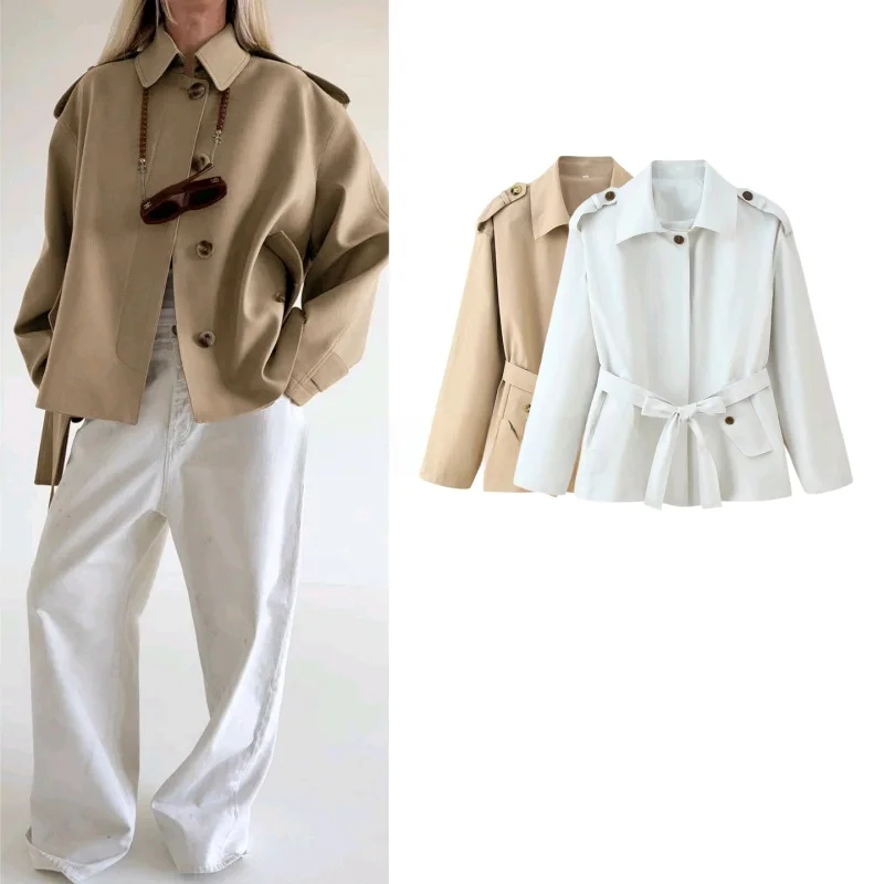 

New Autumn Women's Loose Fit Long Sve Turn-down Collar ort Coat with Belt Single Button Polyester Fiber Commute Sle