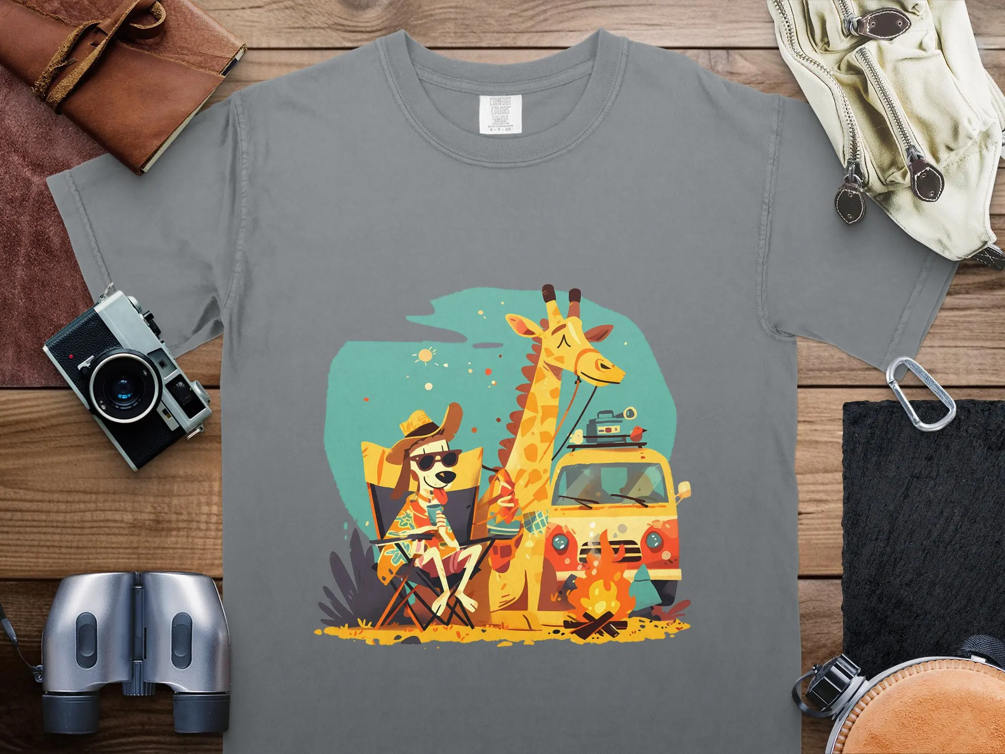 Giraffe and Dog Camping Adventure T Shirt Nature Inspired Quirky Animal Lovers Casual Outdoor Apparel