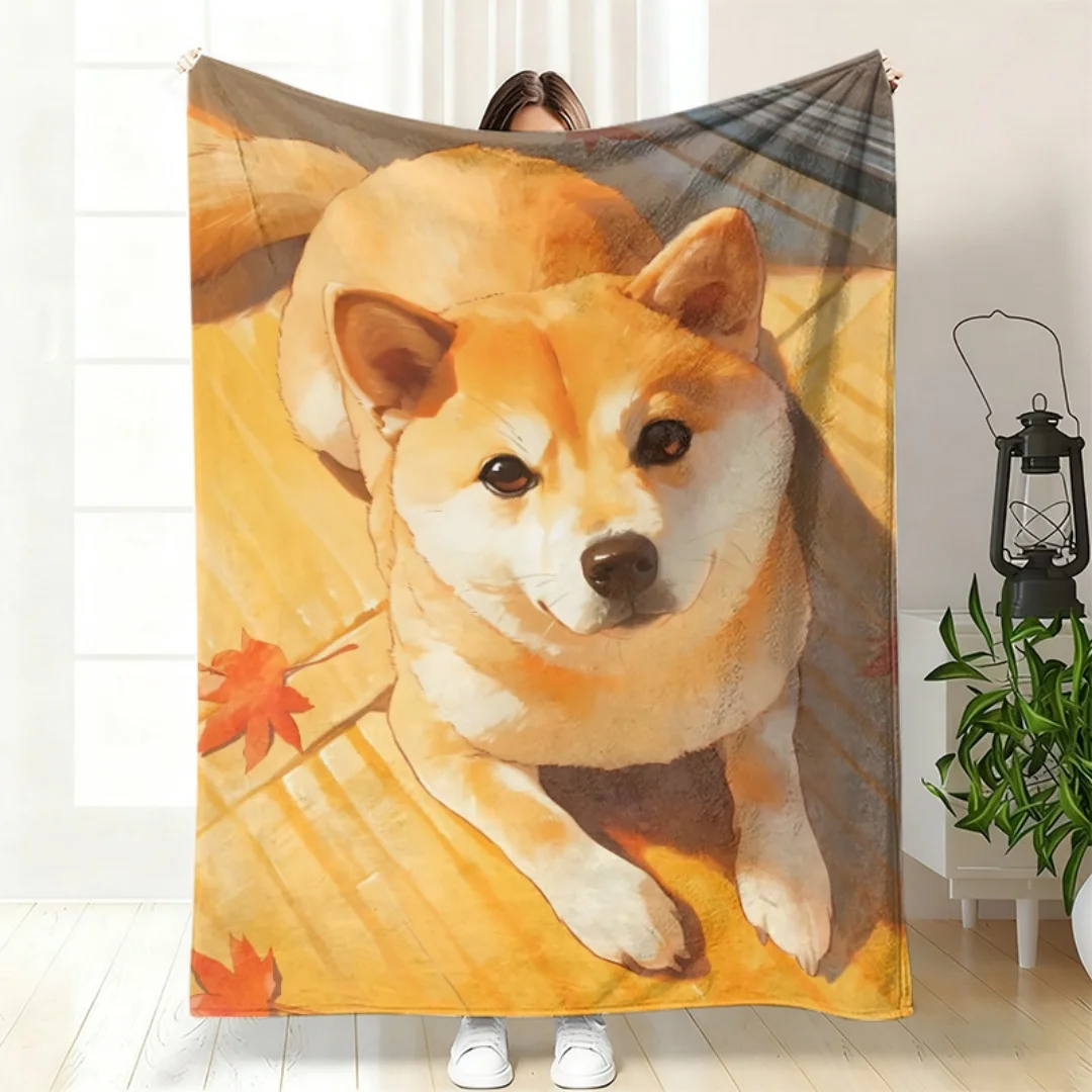 Soft Flannel Blanket Cute Shiba Inu Pattern Throw Blanket for Couch Bedroom Office Nap Warm and Cozy Cover Blanket for Home Use