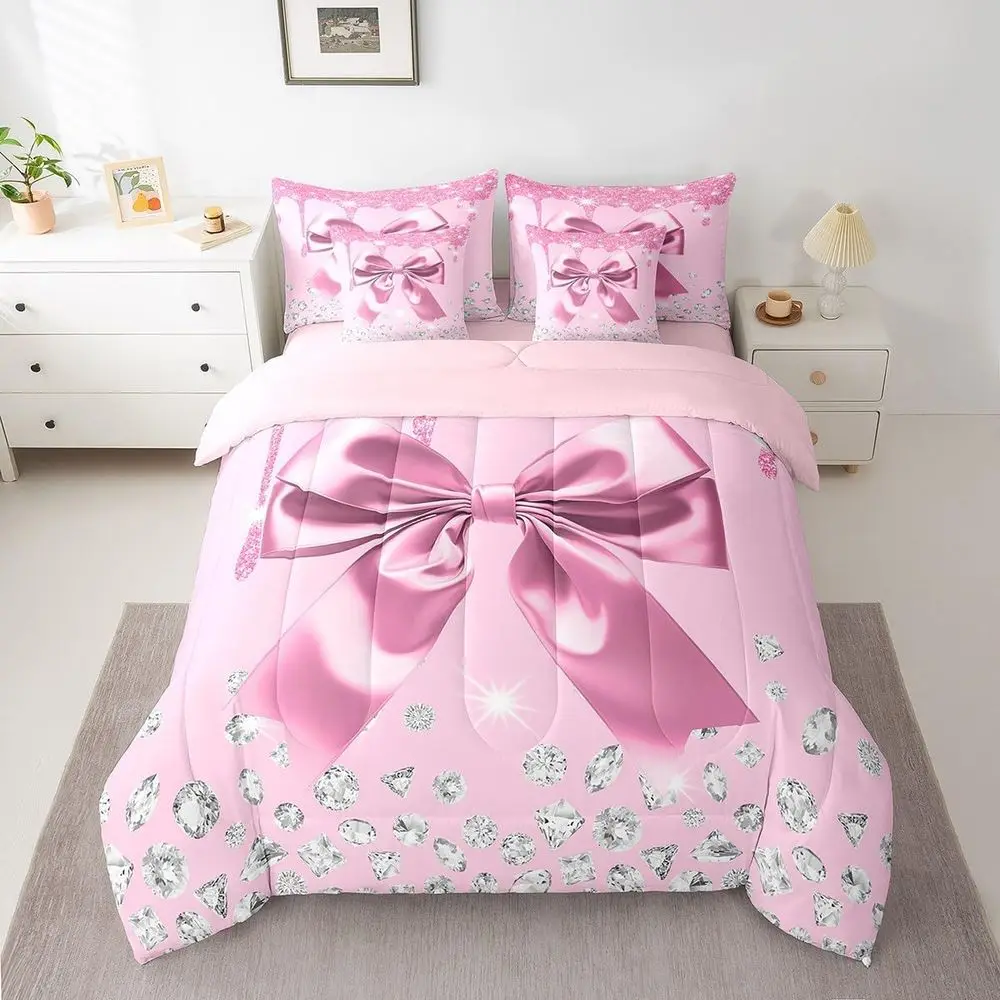

Full Size Kids Bowknot Comforter Set with Sheets, Pillowcases, and Covers - Pink Silver Dreamy Princess Style