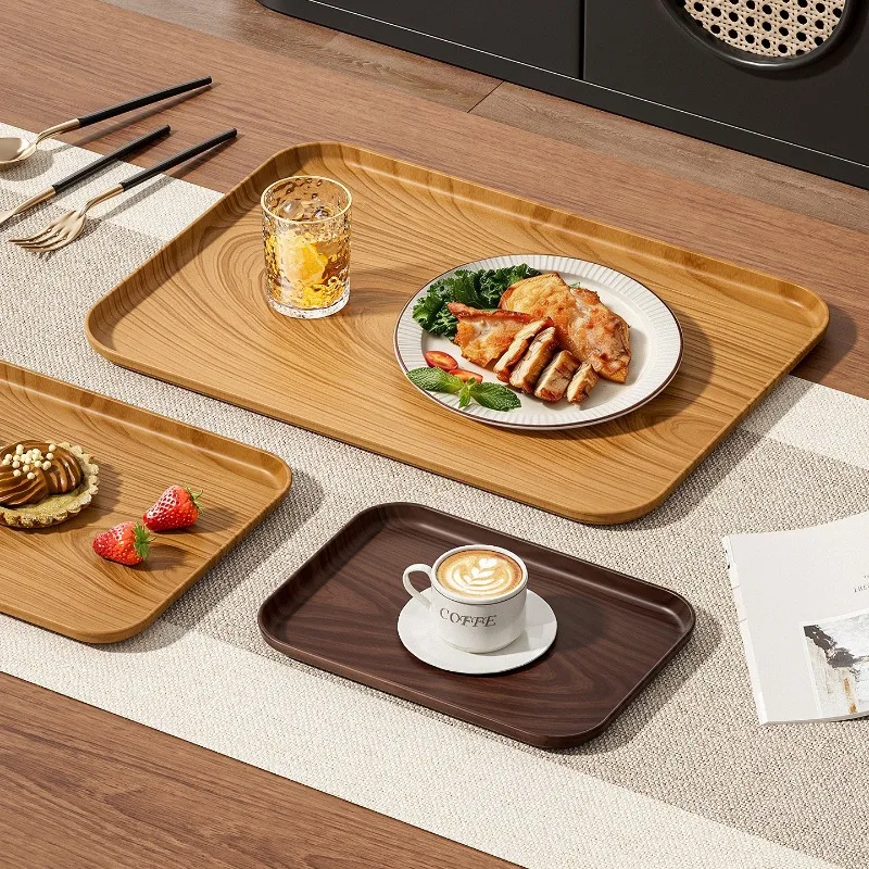 Nordic Rectangular Wooden Look Plastic Tray Multi-Purpose Serving Plate Easy Clean Anti-Slip Tray for Table Home Kitchen Decor